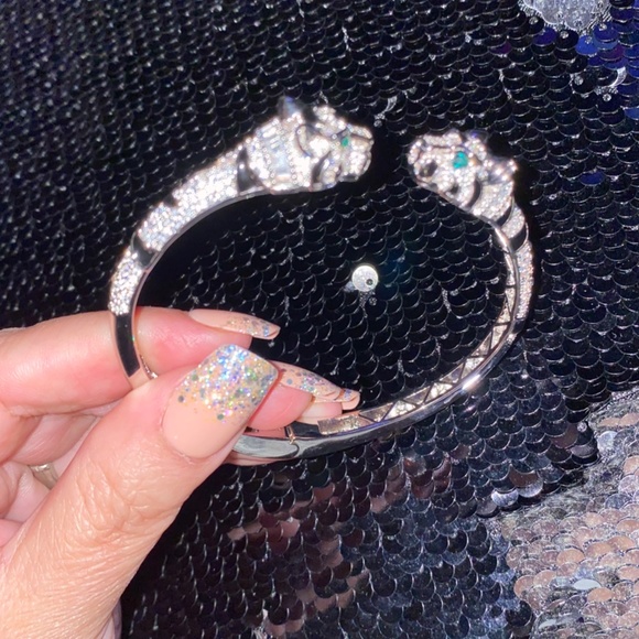 New Genevive Rhodium Plated Panther Fauna Bracelet with Striped Black Inlaid - Picture 4 of 6